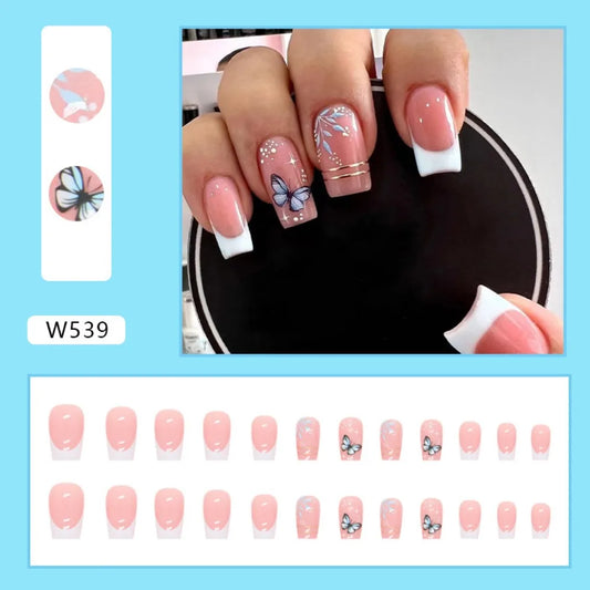 24Pcs White French Square Head Nail Art Fake Nails Artificial Acrylic Butterfly False Nail Finished Removable Press On Nails Set