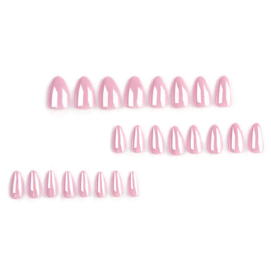 24Pcs Ballet ins Shiny Pink Long Almond French Fake Nails Full Cover Press on Simple False Nails Manicure Tool DIY Nail Tips