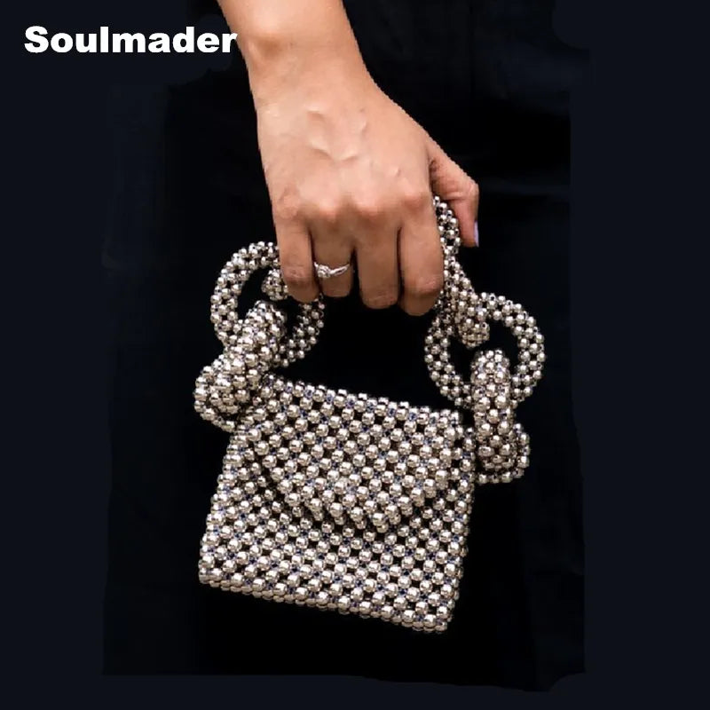 Marca de saco de miçangas de pérolas prateado acrílico de cristal caixa de pedra bolsa bolsa de festas feitas à mão