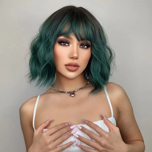 HENRY MARGU Short Bob Green Wigs with Bangs Natural Wavy Synthetic Wigs for Women Daily Cosplay Lolita Party Heat Resistant Wigs