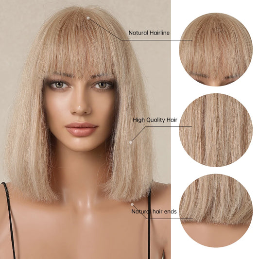 Bob Blonde 100% Remy Human Hairs for Women Natural Straight Short Beige Wigs with Full Bangs Heat Resistant Human Hair Wig Daily