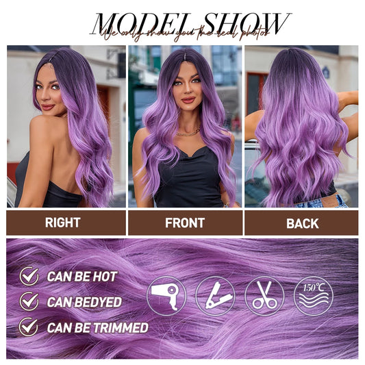 oneNonly Synthetic Wig Long Wave Ombre Purple Wigs for Women Cosplay Lolita Party Natural Hair Heat Resistant
