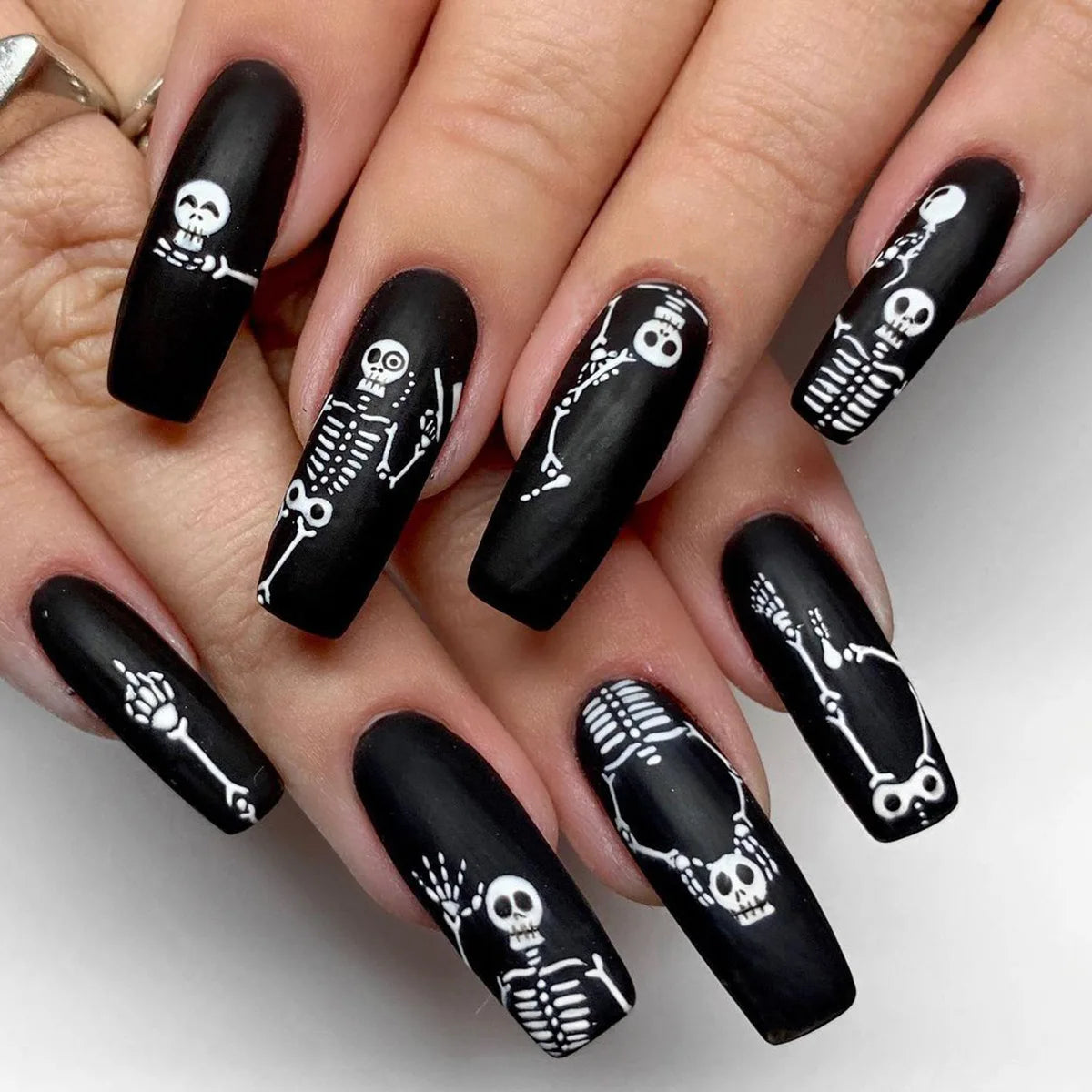 24Pcs Extra Long Matte Halloween Fake Nails Square Black Skeleton Press on Nails with Design Acrylic Artificial Nails Tips Art