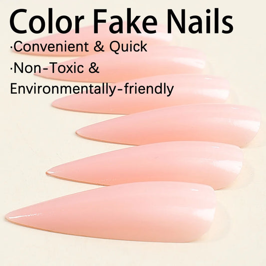 Naakt roze nep nagelspatch draagbaar volledige hoes lang puntige vorm valse nagels eenvoudige pure kleurpers op nagelstips gratis verzending