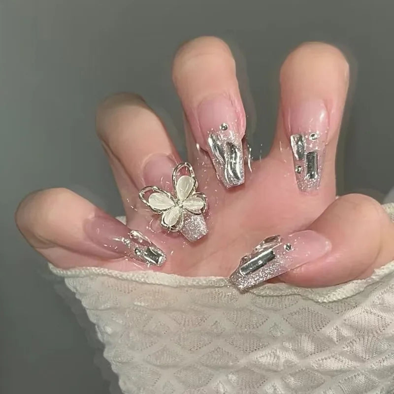 24-stcs lang ballet full-dekking nagel tips vlinder strass rhinestone glitter ontwerp afneembare valse nagels doodskist druk op nagels