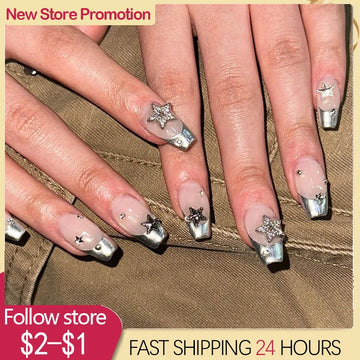 24pcs Star Butterfly Coffin Fake Nails Art French Long Ballet Detachable Wearing Press On Nail Tips Full Cover False Nails