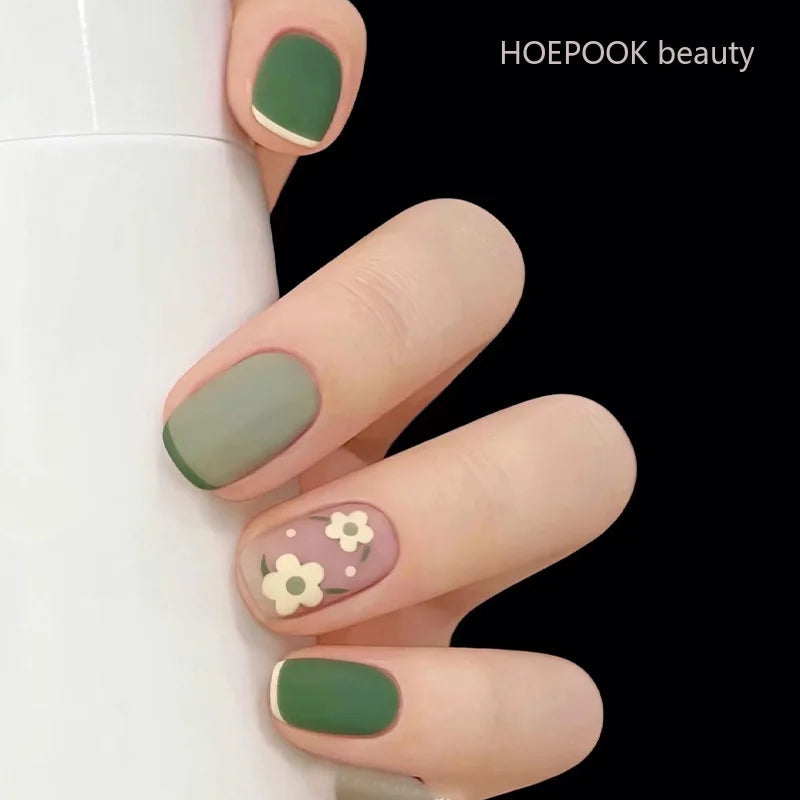 24pcs Matte Green False Nails French Floral Design Fake Nails Art Full Coverage Waterproof Removable Faux Press on Nail Tips
