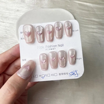 10pcs squisito pressa fatta a mano su unghie con design del cuore 3D - chiodi falsi di bara medio lucido per donne e ragazze