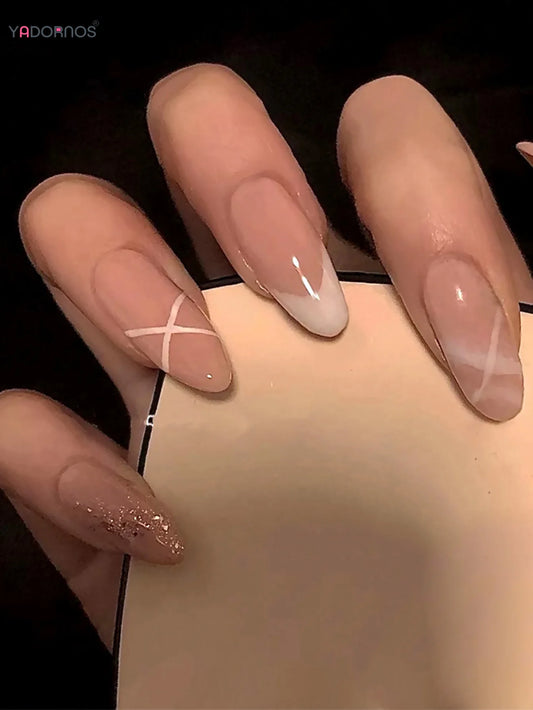 Nude Color Almond Fake Nails White French Press on Nails Glitter Sequins False Nails Tips for Women Girls DIY Manicure 2024