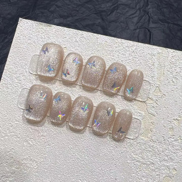 10PCS wearable Crystal cat eye butterfly handmade nail art finished fake nails with glue short ballet press on acrylic nails tip
