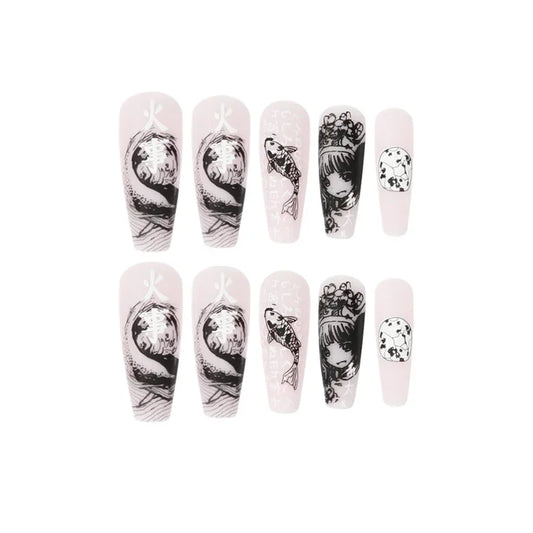 Havsvåg karp japansk stil doodle falska naglar avtagbara naken rosa långa kistan falska naglar med lim full täckpress på naglar