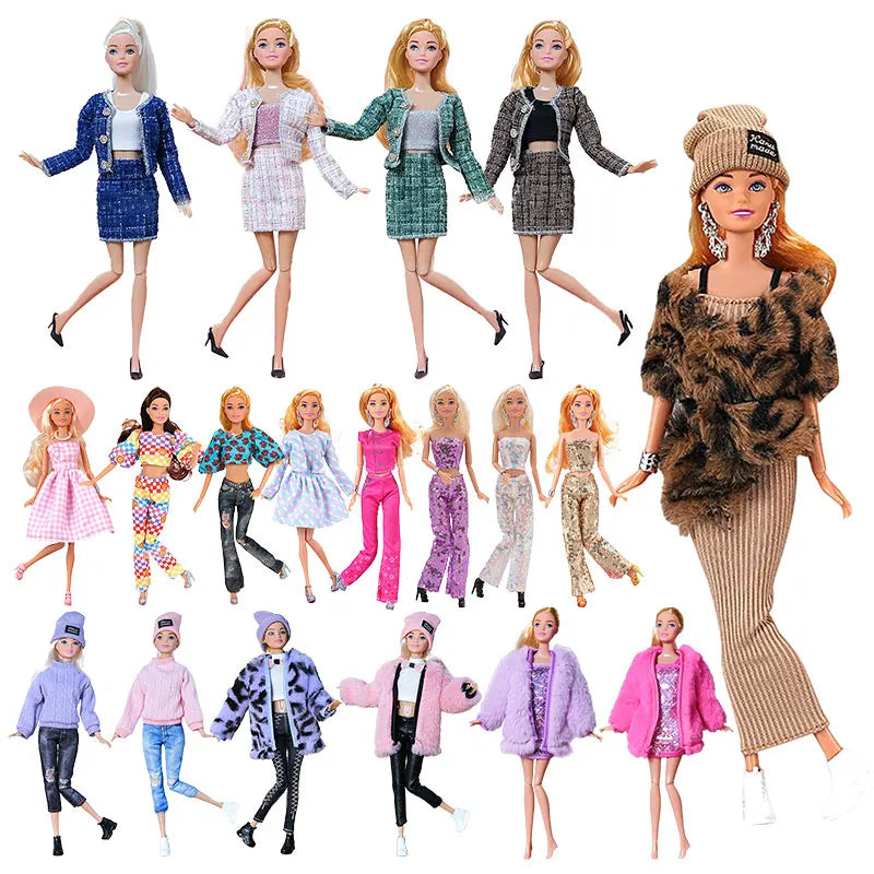 1set Doll Roupos Roupa Dress Skirt Moda Coat de Winter Sweater Troushers Hats para Acessórios para Party de Doll Barbie de 30 cm