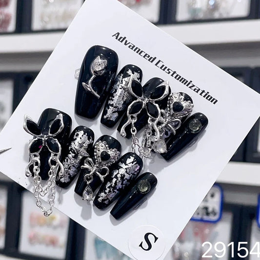 Prensa negra hecha a mano para uñas Y2k, diseño Punk de lujo, uñas postizas adhesivas reutilizables, manicura Artificial acrílica de ataúd largo francés