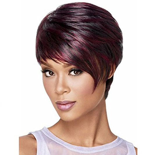 Synthetic Short Straight Wig for Women Wigs With Bangs Natural Mixed Black Wine Red Wig Daily Use Heat Resistant Fiber