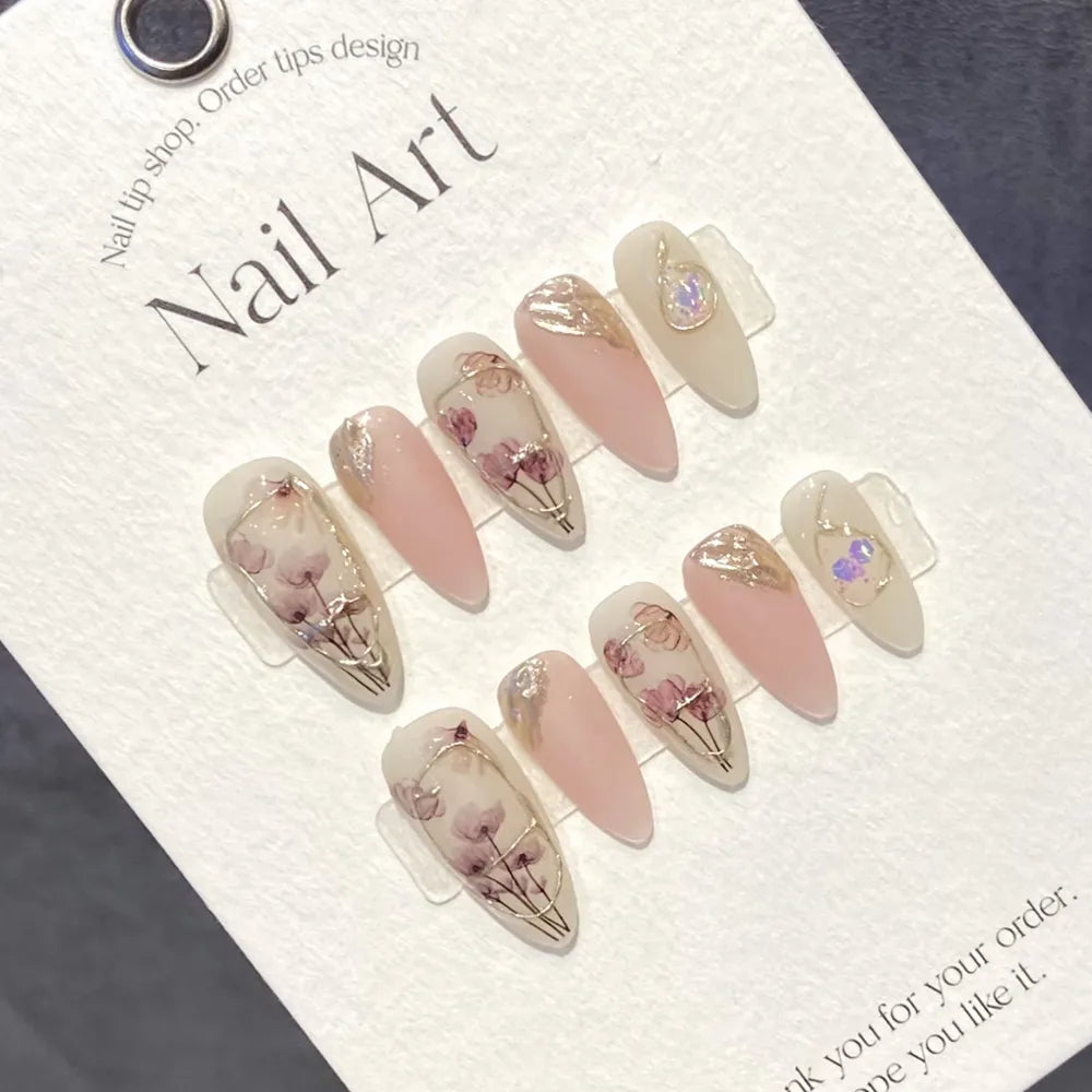 Handmade Almond Press on Nails Korean Hand Paint Reusable Adhesive False Nails with Design Acrylic Artificial Manicure for Girls