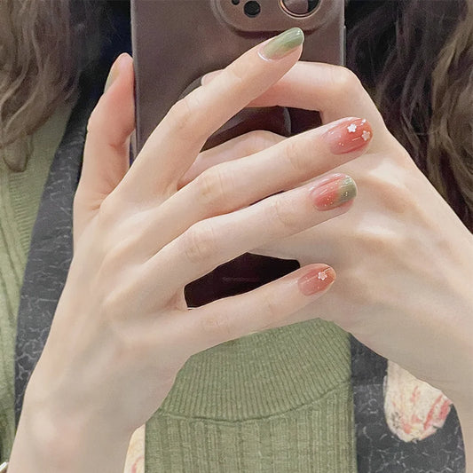 24p sterren nail art nep nagels roze groene gradiënt korte ronde kop draagbare valse nagel patch verwijderbare pers op nagels afgewerkt