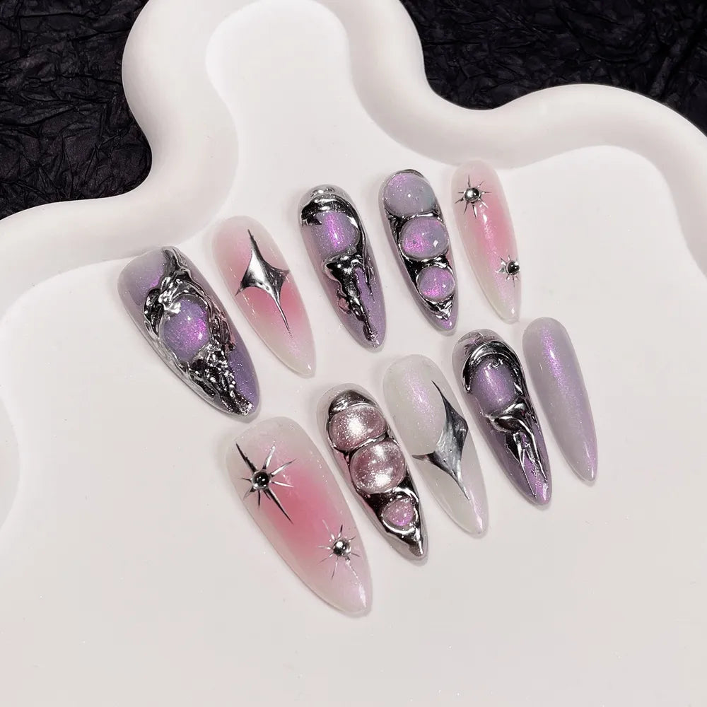 Handgjorda lyx Y2K Tryck på naglar Långt stilett Goth Design Återanvändbart lim False Nails Full Cover Wearable Nail Tips Girls