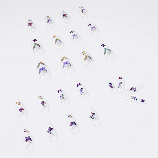24Pcs Long Square Wear Nail French Cute Simple Fresh Colorful Butterfly Fat Ballet Wear Nail Finished Nail Art Patch
