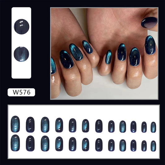 24pcs Blue Aurora Cat's Eye Decor Fake Nail Wearable Reusable False Nails for Fingernail DIY Decoration Stickers Press on Nails