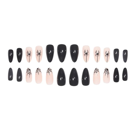 24pcs Black Spider Fake Nail Patch Ghost Bat Printed Fake Nail Halloween Manicure Sets Artificial Acrylic Nails for Girl Gifts