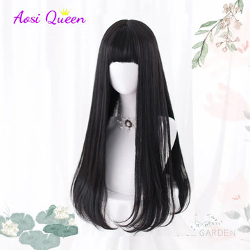 AS Long Straight Black Synthetic Wig For Woman With Bangs black Cosplay Lolita Wigs Heat Resistant Natural Hair