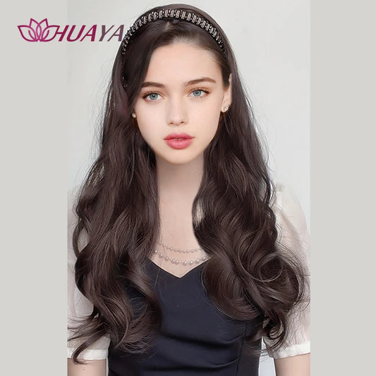 HUAYA Synthetic Headband Wig Natural Seamless Clip in Hair Extensions  Long Wavy Women's Wig Natural Heat Resistant Half Wig