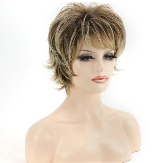Women's Fashion Short Synthetic Wigs Pixie Cut Blonde Ombre Hair Costume Party Wigs for Woman Fluffy Natural Curly Wavy Wig