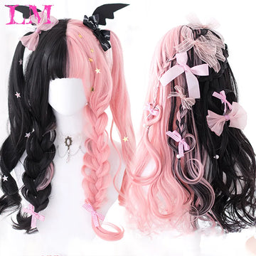 LM Synthetic Hair Long Wave Black And Pink Lolita Wigs For Women Cosplay Wig With Bangs Halloween Christmas Heat Resistant