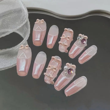Handmade Nails Pink Ballerina False Nails with Bow Design French False Nails Tips Wearable Rhinestone Artificial Press on Nails