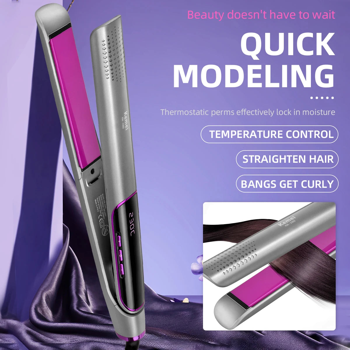 KEMEI Anti Static Flat Iron Hair Straightener with LCD Panel Professional Salon Model Ceramic Hair Straightener for Women
