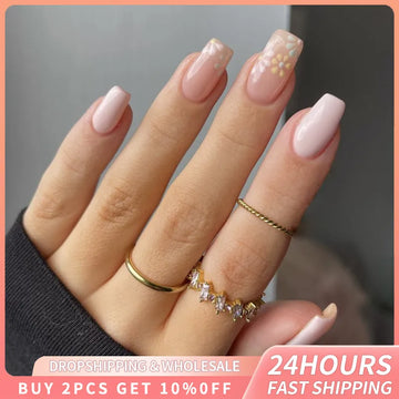 24pcs  Fake Nail Mid Length Square Artificial Nails Tip Wearable Flower Desigened Press On Nail Art Full Cover Finished Nail