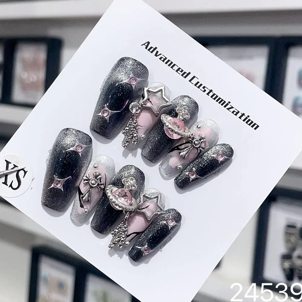 Handgefertigte Y2k Press auf Nägeln Punk Französische Luxusstar Nägel wiederverwendbarer Klebstoff False Nails Schwarzer langer Sargkünstigte Maniküre
