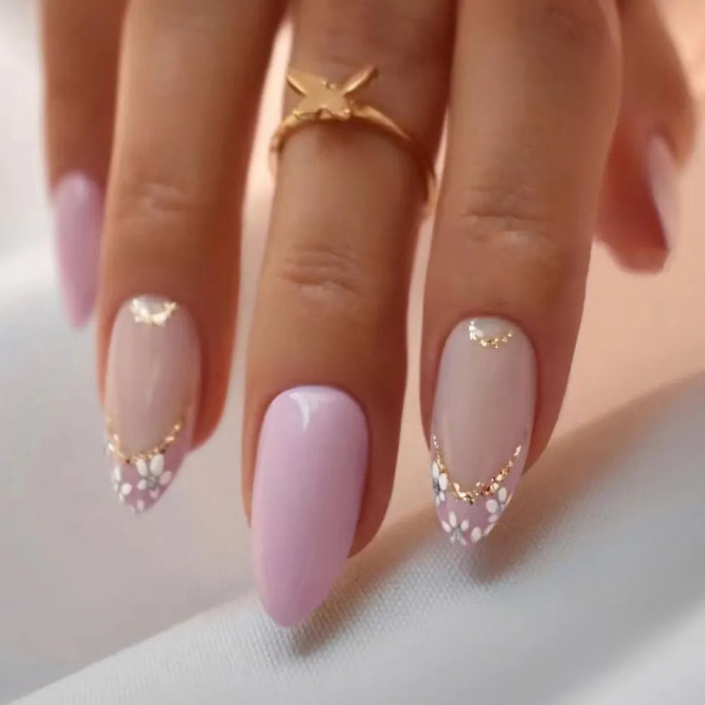 24p paars Frans witte kleine bloem nagel kunst nep nagels amandel nagel eindproduct verwijderbare kist ballerina press op nagels