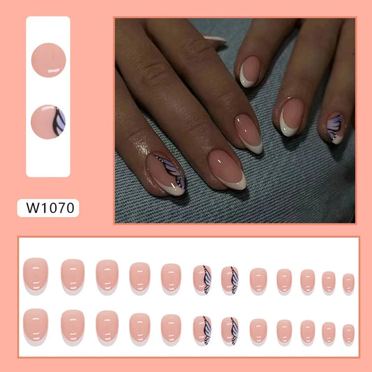 24pcs French White Fake Nail Tips Round Head Ins Simple Butterfly Pattern False Nails Wearable Full Cover Press on Nail for Girl