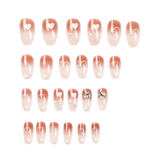 24pcs Press on Nail Heart-shaped Nail Drill Nail Fake Nails White Nail Tips Fake Nails with Glue Long Press on Nails Nail Art