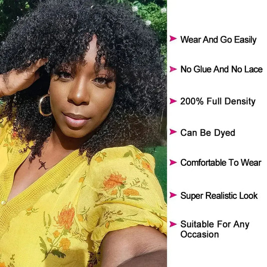 Afro Kinky Curly Wigs with Bangs 200% Density Brazilian Remy Human Hair Full Machine Made Wigs Short Afro Curly Wigs For Women