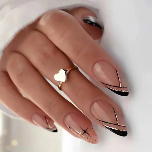 24pcs de long STILETTO AMANDE FAUX Nails avec des ailes de ciel Design Françable Faux Nails Art Square Presse complète Presse sur les pointes des ongles