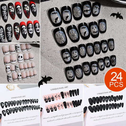 Premere le unghie Halloween di media lunghezza bara di bara nere false chiodi per maschera spara per unghie per unghie Halloween Design 3D Glossy Acilic Nails