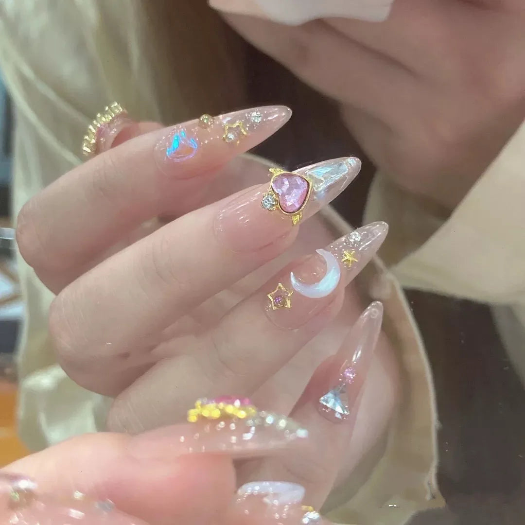（Handmade Manicures）10 PCS Long Hot Wear Fake Nails Finished Nail Patch Sailor Moon Water Ice Moon Blush Handmade Custom Love
