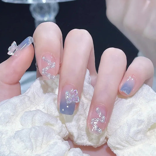24 Uds uñas postizas usables gradiente azul cinta de mariposa uñas de Ballet acabado parche de uñas extraíble y reutilizable