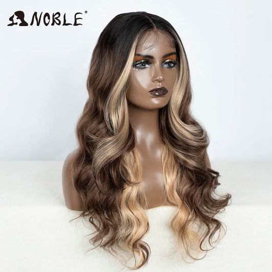 Noble Lace Front Wig Synthetic 28“ Highlight Honey Brown Body Wave Wig Blonde Wigs For Women Lace Wig Synthetic Lace Front Wig