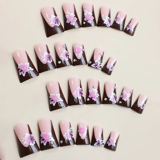 24pcs detachable duckbill-shaped French false nails fashion designs full cover ballet press on nails short fake nails with glue