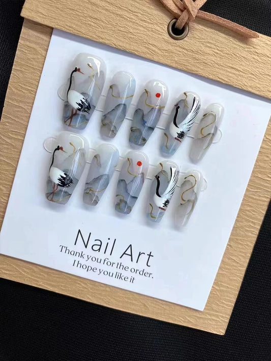Handgjorda naglar Set Tryck på långa lyxiga falska naglar med lim kinesisk handfärg design akryl full täck nagel tips för flickor
