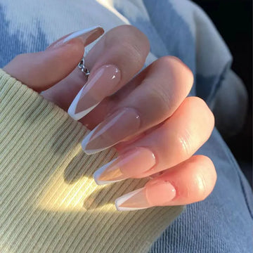 Simple Fashion White V-shaped French Long Square Fake Nails Detachable Full Cover Finished False Nails Press on Nails with Glue