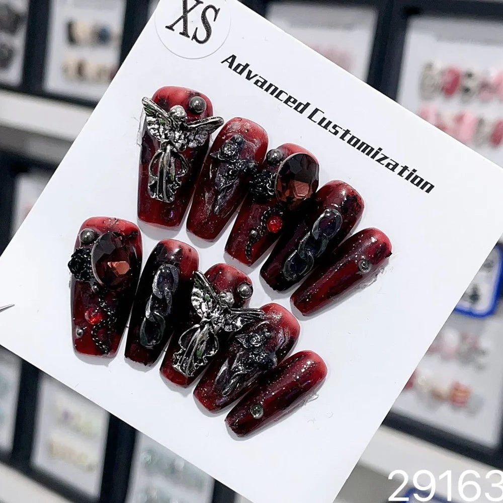 Handmade Y2k Press on Nails Goth Black and Red Reusable Adhesive Fake Nails with Design Full Cover Long Coffin Acrylic Nail Tips