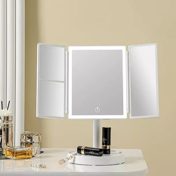 Foldable Makeup Mirror with LED Light 3 Tone Lights Desktop Vanity Mirror 2X/3X Magnifying 360° Adjustable Rechargeable