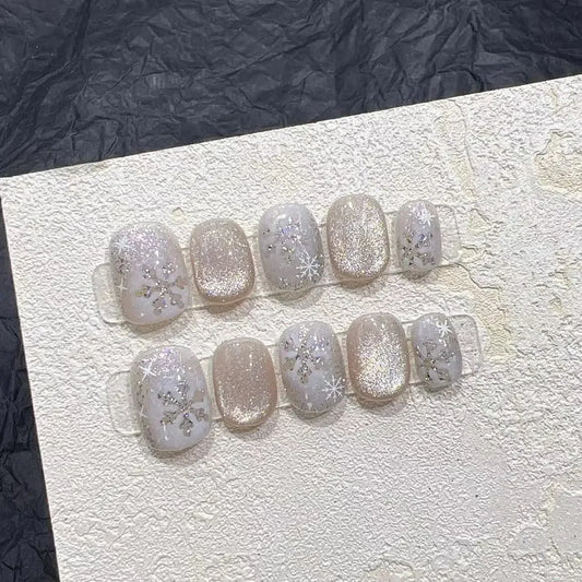 10st handgjorda akryl kattögon jul snöflingor press på naglar kort fullt täcke balett glitter konstgjort naglar med lim