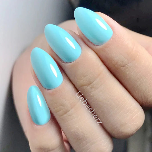 24Pcs Bright Blue Short Stiletto False Nails For Design Press On Artificial Fake Fingernail DIY Lady Finger Tip Manicure Tools