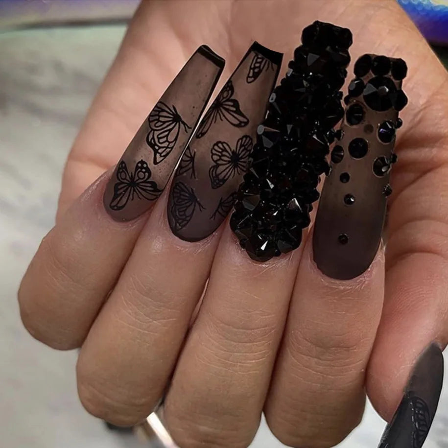 Black Butterfly Pattern Press on Nails Long Ballet False Nails French Design Wearable Fake Nails Simple Full Cover Tips Art Set