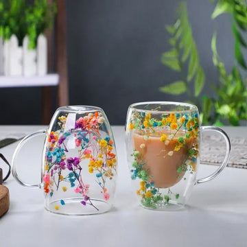 Torkad blommafyllning dubbel väggglas kopp tropiskt resistent handtag kaffekopp te kopp mjölk mugg gåva dricksglasögon